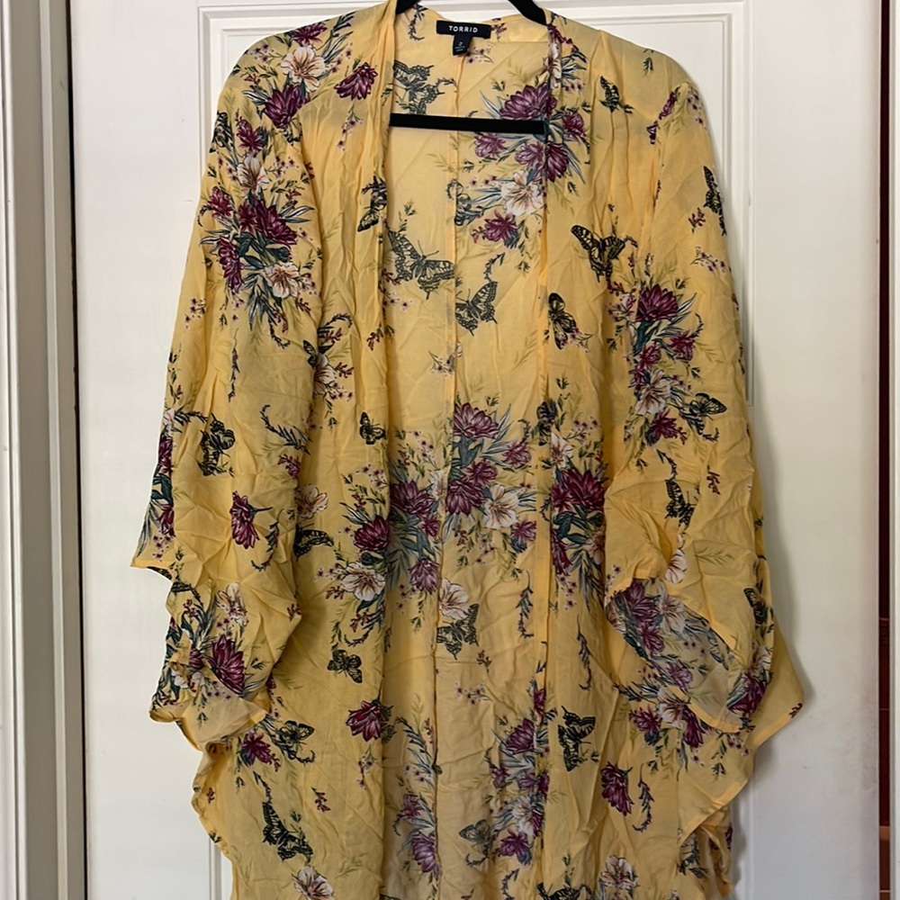 Torrid Cardigan, Sz 2W, 3/4 sleeve, Floral yellow